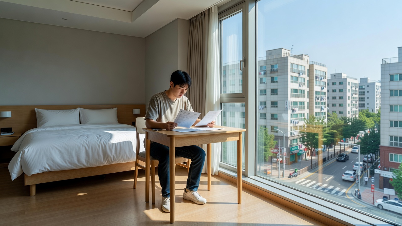 10만 원대 서울 호텔 객실에서 예약 계획을 세우는 모습